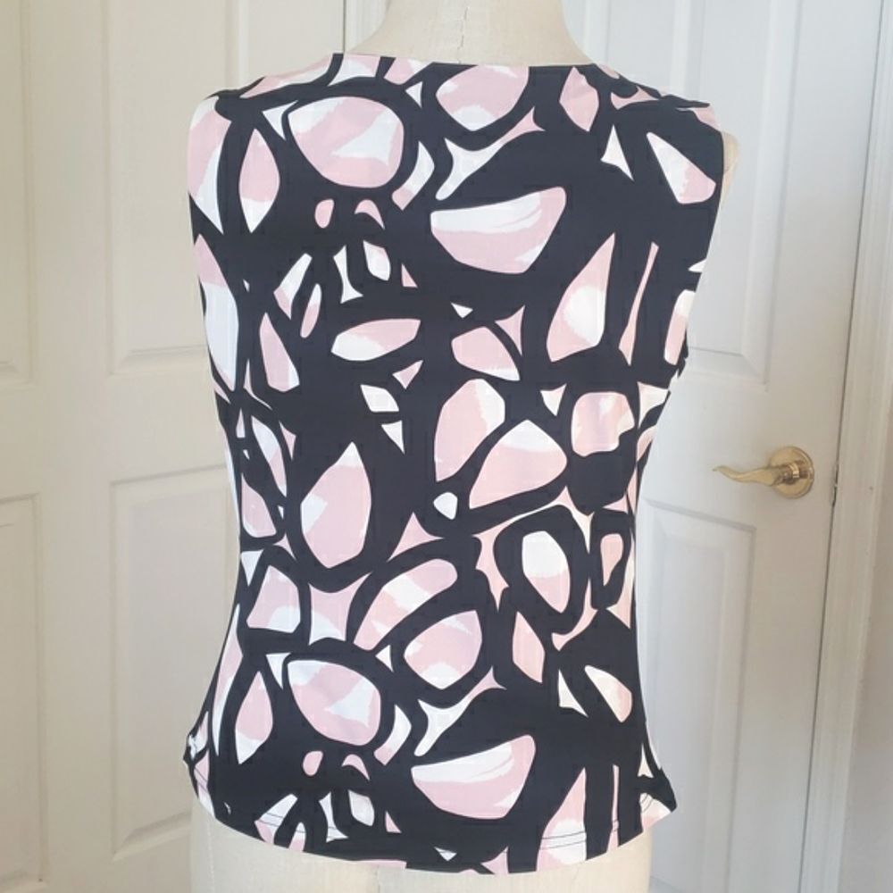 CALVIN KLEIN Pink Black Abstract Silky Sleeveless Blouse Pleated Neck Size P - Picture 3 of 9